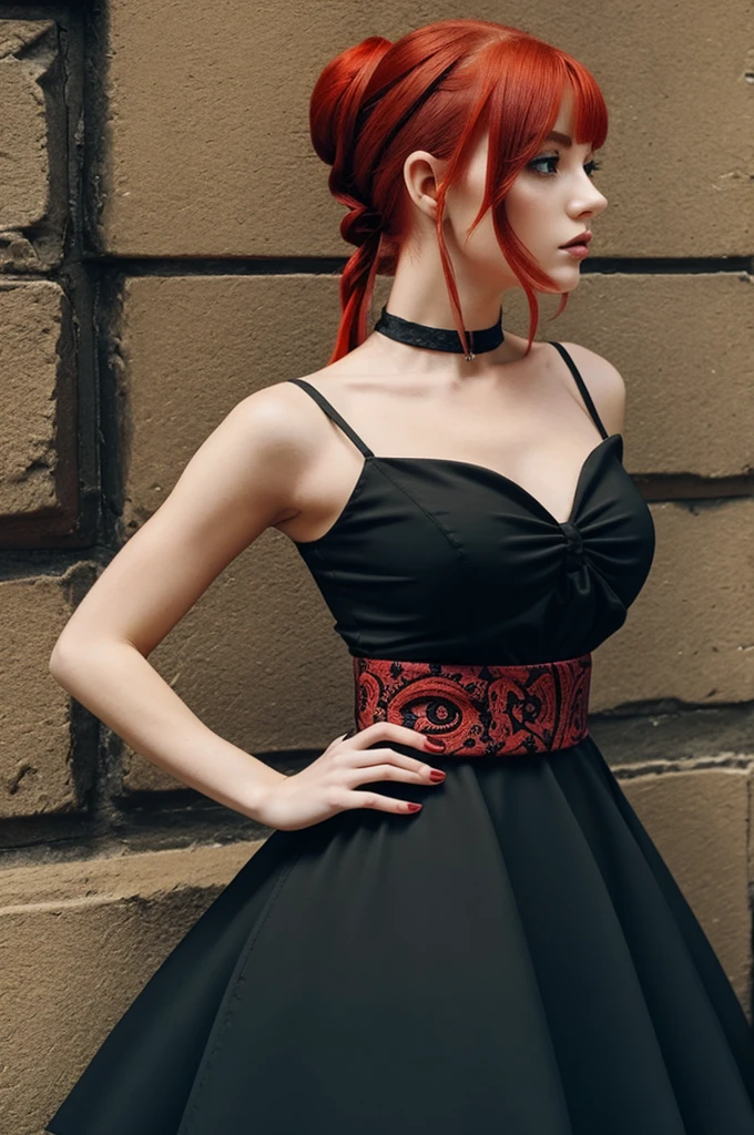 A white girl with red hair tied up with a beautiful waist in a black dress with a frog on her head