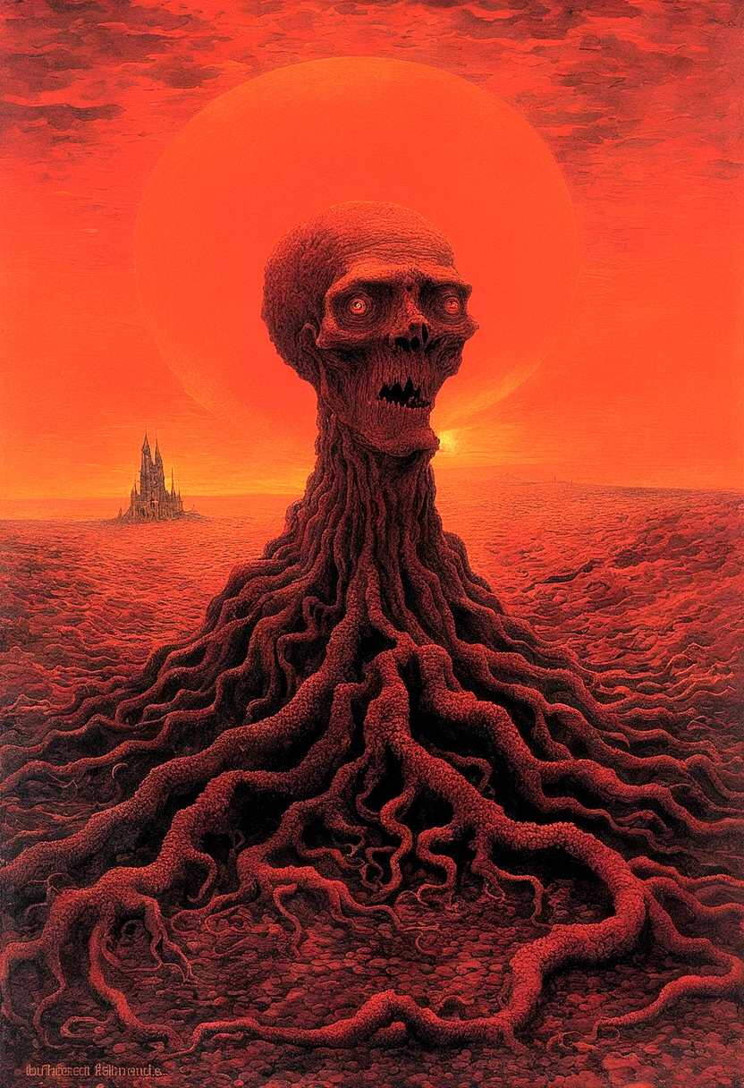 Mythical creatures, author：Zdzislaw Beksiński and Vincent Van Gogh, Album cover, romantic, Surrealism, Futuristic ,Smiling Corpse, Coral, Wizard, Abstracted, dark, red, landscape