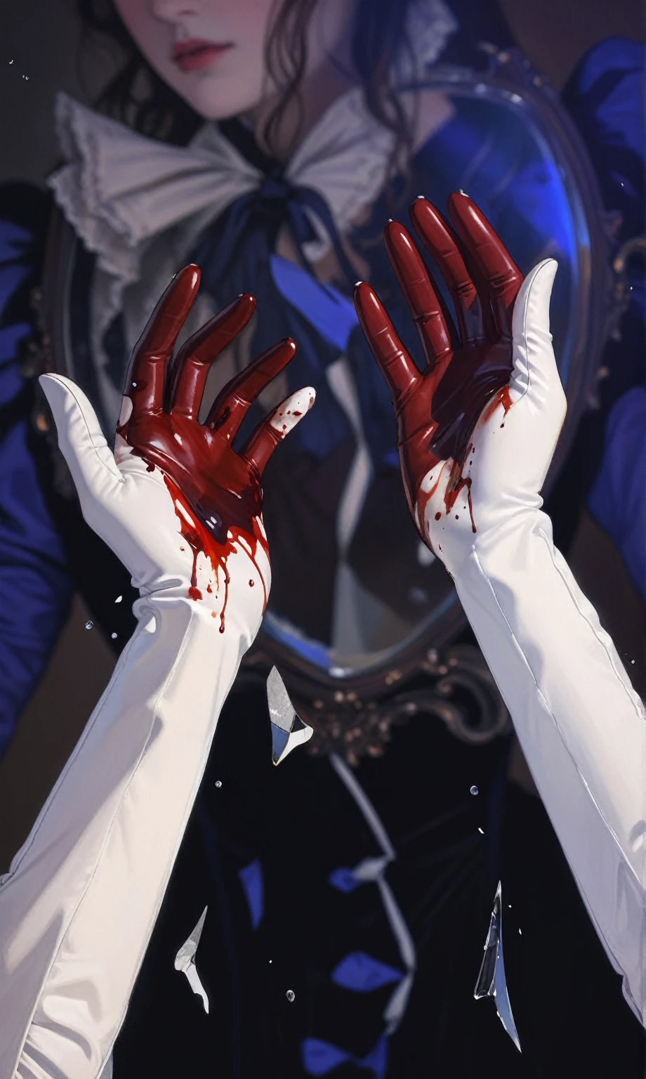 beautiful illustration, ultra-detailed, masterpiece, victorian era, long white gloves, blood on white gloves, broken mirror