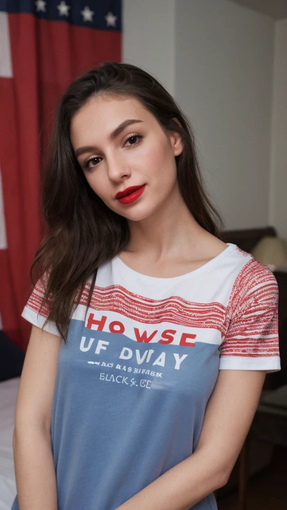 Selfie of a woman, 4th of July T-Shirt, long dark brown hair, black eyes, red lipstick, ultra realistic