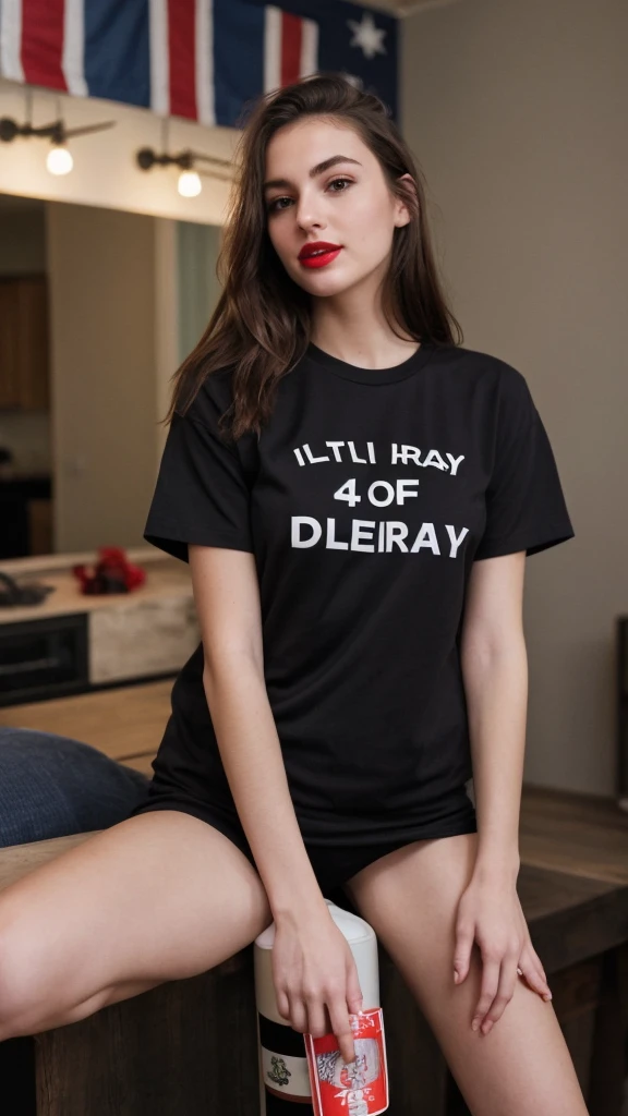 Selfie of a woman, 4th of July T-Shirt, long dark brown hair, black eyes, red lipstick, ultra realistic