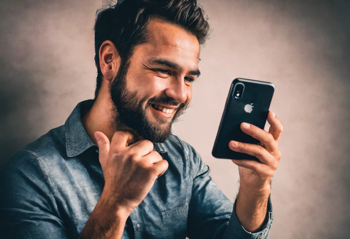 Man having fun using his cell phone, detailed hands, darkness background,