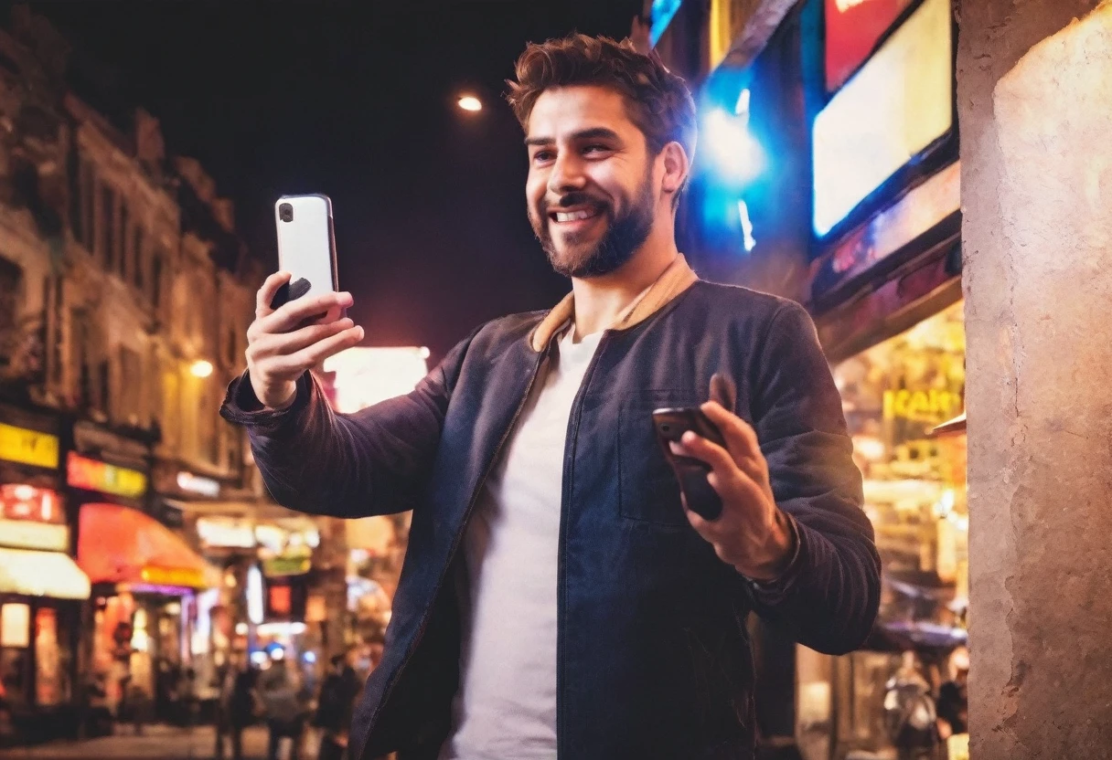 Man having fun using his cell phone, detailed hands, darkness background,