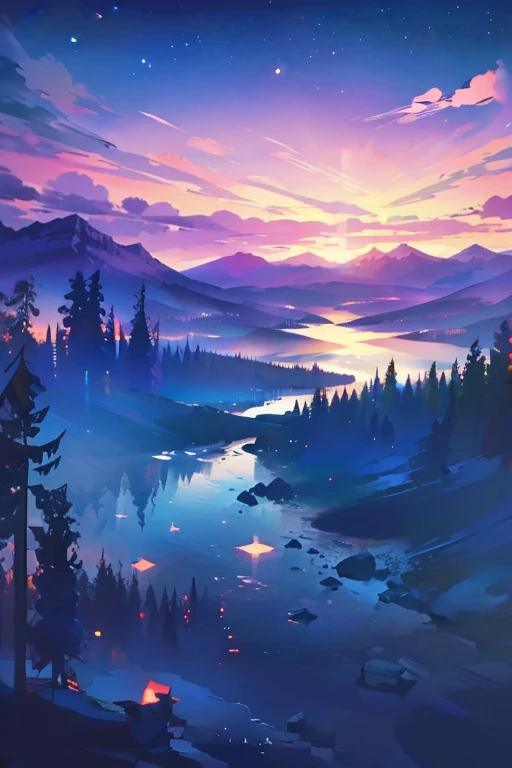 a beautiful mountainous landscape with a starry sky, a lake below with 2 canoe, a lovely couple Embrace and look up at the starry sky, (best quality,8K,hyperPractical,masterpiece:1.2),Extremely detailed,(Practical,photoPractical,photo-Practical:1.37),landscape,Starry night sky,Mountain scenery,lake,canoe,couple,Embrace,look up,Bright colors,Dramatic Lighting,Composition
