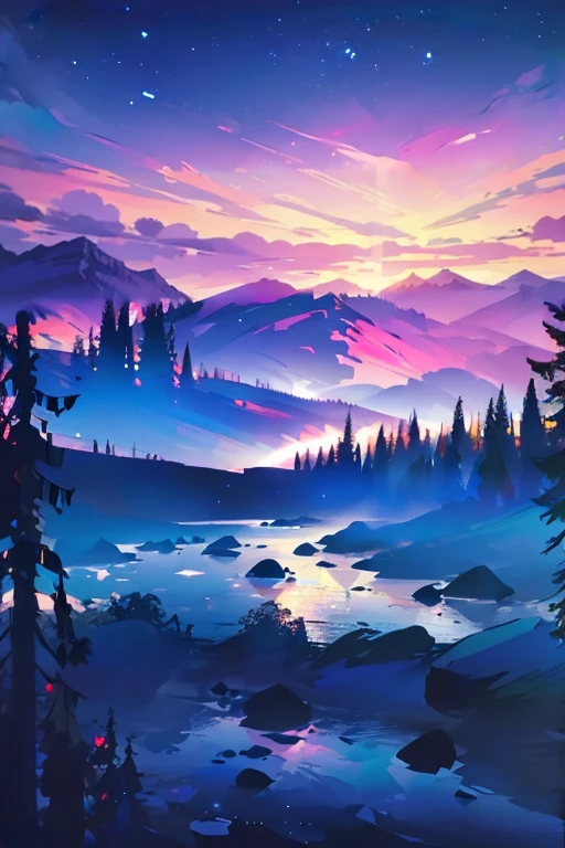 a beautiful mountainous landscape with a starry sky, a lake below with 2 canoe, a lovely couple Embrace and look up at the starry sky, (best quality,8K,hyperPractical,masterpiece:1.2),Extremely detailed,(Practical,photoPractical,photo-Practical:1.37),landscape,Starry night sky,Mountain scenery,lake,canoe,couple,Embrace,look up,Bright colors,Dramatic Lighting,Composition