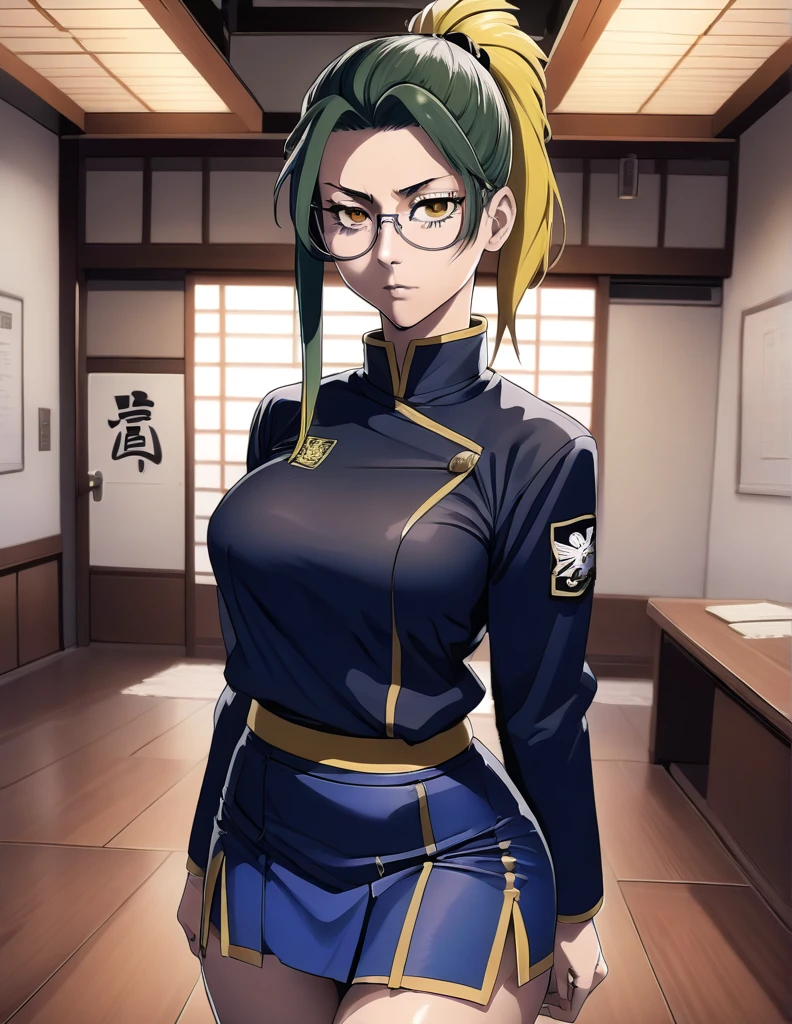 score_9, score_8_up, score_7_up, source_anime,
MakiZenin, Maki Zenin, green ponytail hair, glasses, yellow eyes,
blue tight skirt, blue tight jacket, jujutsu kaisen uniform,
indoors, dojo, seductive pose,
solo, looking at viewer, 