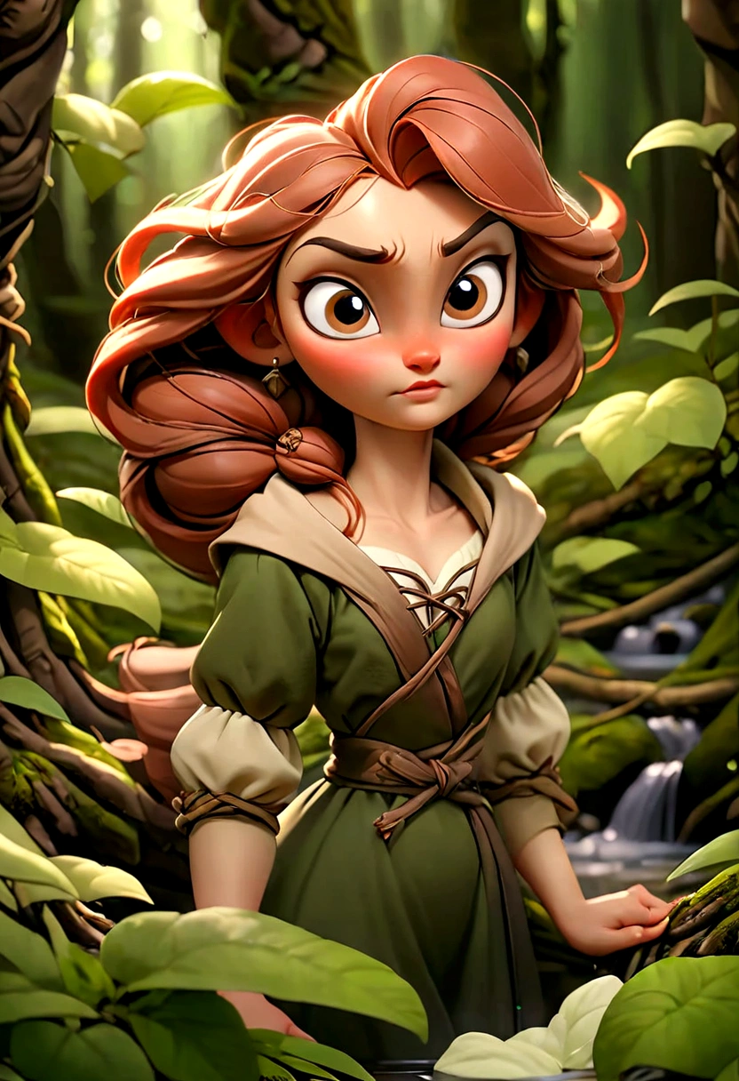 Behind the mountains and forests, in the heart of the magical forest of Russia, where the sun's rays filtered through the thick green leaves, lived a named Eliza. Her hair was as delicate as rose petals, and her eyes shone like brown chestnuts, attracting the light. Eliza's cottage, hidden deep among the ancient trees, was surrounded by a flowing stream and flowering meadows. There was