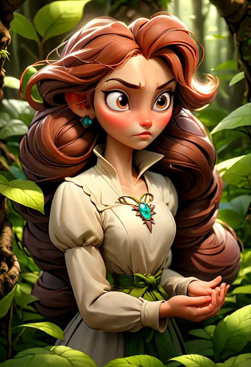Behind the mountains and forests, in the heart of the magical forest of Russia, where the sun's rays filtered through the thick green leaves, lived a named Eliza. Her hair was as delicate as rose petals, and her eyes shone like brown chestnuts, attracting the light. Eliza's cottage, hidden deep among the ancient trees, was surrounded by a flowing stream and flowering meadows. There was
