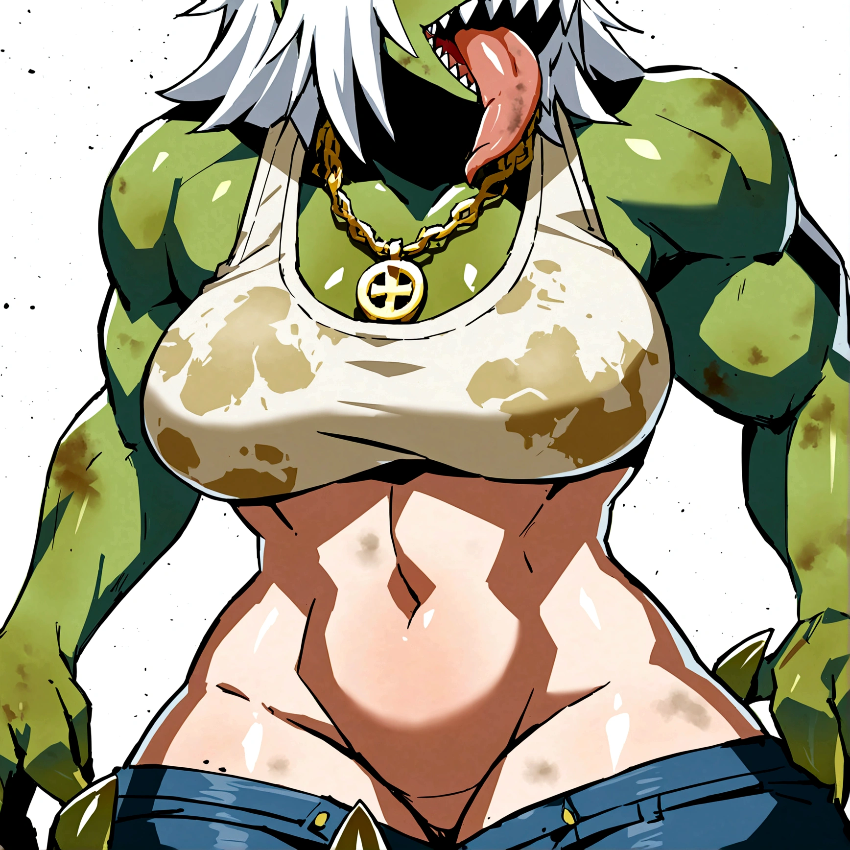 short, medium chest, sharp teeth, white hair streaked with green, greenish skin, sharp teeth, yellow eyes, long tongue, strong thighs, strong legs, firm rough feet, creepy, sharp claws, dirty, golden dollar sign necklace, simple dirty top, short ripped jeans, barefoot, upper body shot