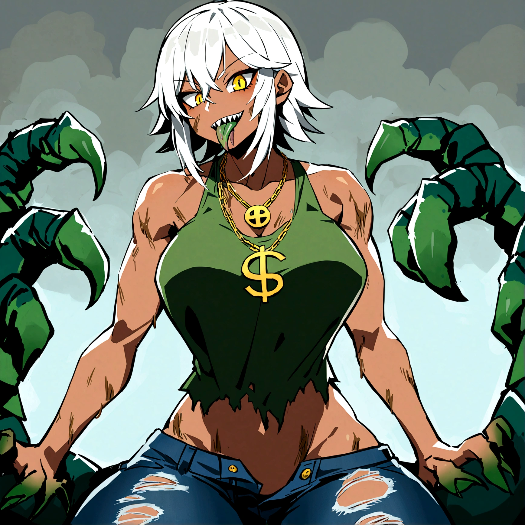 short, medium chest, sharp teeth, white hair streaked with green, greenish skin, sharp teeth, yellow eyes, long tongue, strong thighs, strong legs, firm rough feet, creepy, sharp claws, dirty, golden dollar sign necklace, simple dirty top, short ripped jeans, barefoot
