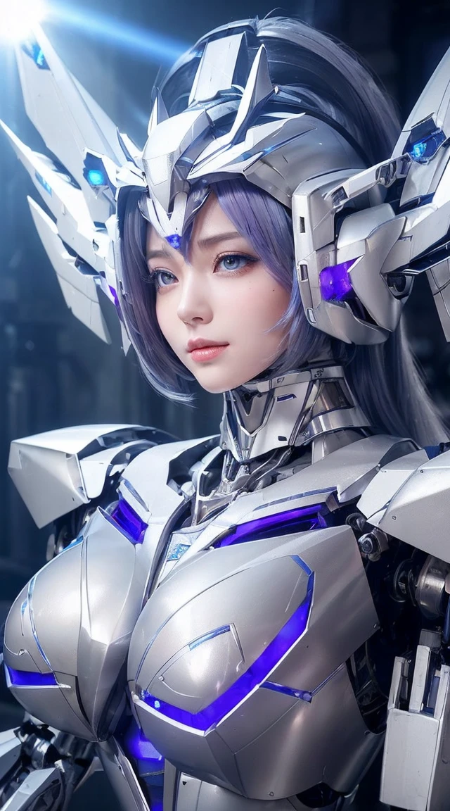 ((Intense action pose:1.6))、((Shining lenses on both breasts:1.3))、((Blue pillars of light are emanating from both chests.:1.3))、smile、((8K)), ((32k)), ((Highest quality)), ((masterpiece)), ((超A high resolution)), ((Tmasterpiece)), ((Halation:1.4))、((Mechaニカルheadgear:1.2))、((Cyber Headphones:1.3))、Fine skin, High quality fabric, Fine metal texture、((Beautiful and dense face))、RAW Photos、Professional, Ultra-fine painting, ((alone)), Beautiful breasts、Highest quality, Very detailed, Very detailed詳細, Finer details, so beautiful, ((Princess Knight Robot:1.2)), (Joints of machines, Mechanical Limbs:1.3), (The internal structure of the machine is exposed:1.3), (Long silver hair:1.1), (Beautiful and huge mechanical breasts)、White Veil, cowboy_shot, Side Focus, headgear, Shiny、(Five Fingers, Four fingers and thumb),Concept Art, Anime fantasy artwork, Detailed fantasy art, (with pale blue-violet hair and large white wings,,,,,,,), (((Long silver hair))), (Mecha:1.6)、Sleek and intimidating design, ((Commander-in-Chief'arm)), (Perfect robot body)、純白と青紫armまたは, Symmetrical wings, 8K high quality, detailed art, 3D rendering of character art in 8K, neat legs, Defined, Defined fingers,