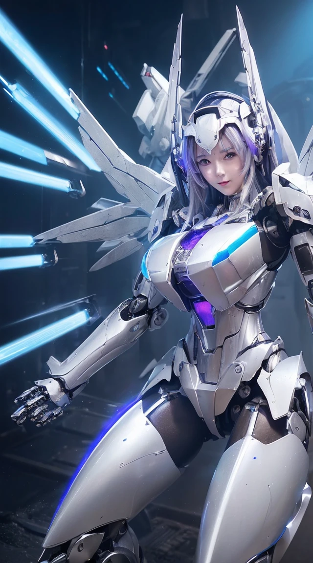 ((Intense action pose:1.6))、((Shining lenses on both breasts:1.3))、((Blue pillars of light are emanating from both chests.:1.3))、smile、((8K)), ((32k)), ((Highest quality)), ((masterpiece)), ((超A high resolution)), ((Tmasterpiece)), ((Halation:1.4))、((Mechaニカルheadgear:1.2))、((Cyber Headphones:1.3))、Fine skin, High quality fabric, Fine metal texture、((Beautiful and dense face))、RAW Photos、Professional, Ultra-fine painting, ((alone)), Beautiful breasts、Highest quality, Very detailed, Very detailed詳細, Finer details, so beautiful, ((Princess Knight Robot:1.2)), (Joints of machines, Mechanical Limbs:1.3), (The internal structure of the machine is exposed:1.3), (Long silver hair:1.1), (Beautiful and huge mechanical breasts)、White Veil, cowboy_shot, Side Focus, headgear, Shiny、(Five Fingers, Four fingers and thumb),Concept Art, Anime fantasy artwork, Detailed fantasy art, (with pale blue-violet hair and large white wings,,,,,,,), (((Long silver hair))), (Mecha:1.6)、Sleek and intimidating design, ((Commander-in-Chief'arm)), (Perfect robot body)、純白と青紫armまたは, Symmetrical wings, 8K high quality, detailed art, 3D rendering of character art in 8K, neat legs, Defined, Defined fingers,