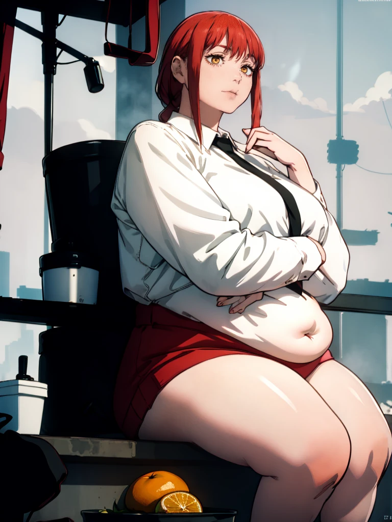 Le personnage Makima de la série animée Chainsaw Man, fragile, obésité morbide, ssbbw, pleine longueur (corps entier 1.1.), fond sombre, obscurité, anatomie correcte 1.1, anatomie correcte de la main, Très féminin, corps gras et rond, grosses Jambes, fesses, beau corps obèse, ventre rond et mou très gras, cheveux roux, Yeux oranges, Cercles rouges pour les écoliers, chemise blanche, jupe noire, cravate noire, pose sexy, réaliste, very détaillé, beau corps, détaillé body, détaillé hands, détaillé, vibrant, détaillé Face, Conception des personnages de Makima. very détaillé, détaillé body, détaillé hands, détaillé Face, Art animé, Hugh Détails, Visage très abattu, détaillé eyes, Illustration ultra fine, Meilleure ombre, détail fin, beautiful détaillé glow, beautiful détaillé, Extraordinairement beau, extremely détaillé, inexpressif, composition épique, Style animé. art animé, Style animé. Jupe noire, chemise blanche, cravatte, pose sexy