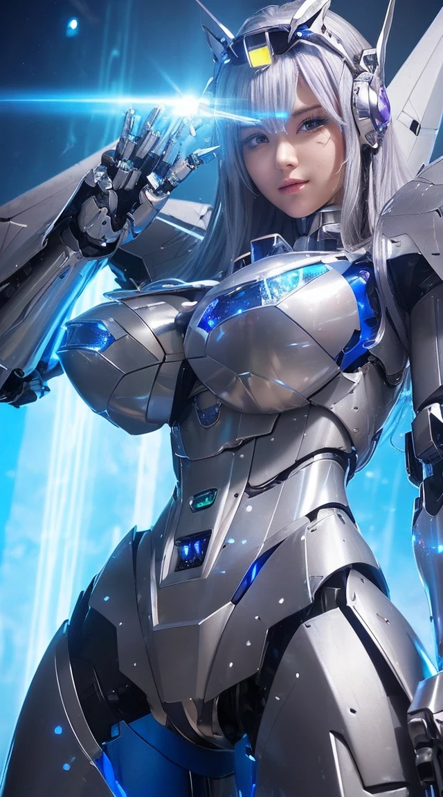 ((Extreme close up:1.6))、(((Lenses shining on both breasts:1.3)))、((A blue pillar of light emanates from both of his chests..:1.3))、break、(((Dynamic pose:1.8)))、smile、((8K)), ((32k)), ((Highest quality)), ((masterpiece)), ((超A high resolution)), ((Tmasterpiece)), ((Halation:1.4))、((Mechaニカルheadgear:1.2))、((Cyber Headphones:1.3))Fine skin, High quality fabric, High-quality metal texture、((Beautiful and dense face))、RAW Photos、Professional, Ultra-fine painting, ((alone)), Beautiful breasts、Highest quality, Very detailed, Very detailed詳細, Finer details, so beautiful, ((Princess Knight Robot:1.2)), (Joint of the machine, Mechanical Limbs:1.3), (The internal structure of the machine is exposed:1.3), (Long silver hair:1.1), (Beautiful and huge mechanical breasts)、White Veil, cowboy_shot, Side Focus, headgear, Shiny、(Five Fingers, Four fingers and thumb),Concept Art, Anime fantasy artwork, Detailed fantasy art, (with pale blue-violet hair and large white wings,,,,,,,,), (((Long silver hair))), (Mecha:1.6)、Sleek and intimidating design, ((Commander-in-Chief'arm)), (Perfect robot body)、純白と青紫のarmまたは, Symmetrical wings, 8K High Resolution, Detailed Art, 3D rendering of character art in 8K, neat legs, Defined, Defined fingers,((headshot:1.3))