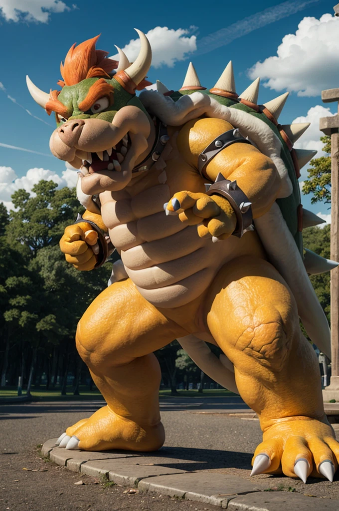 Bowser, yellow skin, spiked collar, spiked bracelets, looking at viewer, angry, full body, 
standing, outside a beautiful park, changing season, summer to fall, blue sky, extreme detail, hdr, fantasy quality, 
 