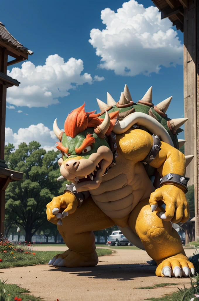 Bowser, yellow skin, spiked collar, spiked bracelets, looking at viewer, angry, full body, 
standing, outside a beautiful park, changing season, summer to fall, blue sky, extreme detail, hdr, fantasy quality, 
 