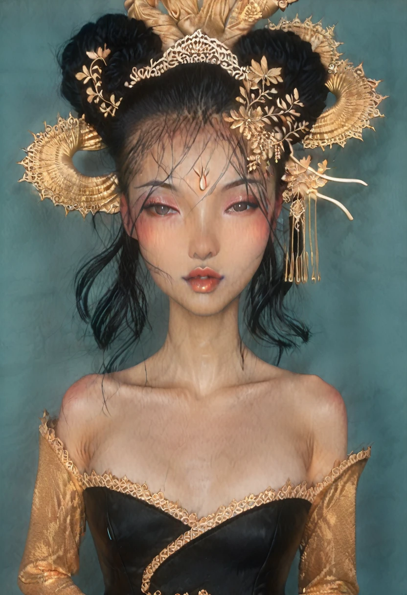 (1 girl 1.3) (extremely detailed 1.3) (anatomically correct, High precision, realistic skin) (RAW photo, nikon, 8k, Super detailed, advanced details, intricate details,), (Lighting: Face lighting, Ray tracing, reflective light, Structurally correct) ((Background: back room of a nightclub 1.3)) ((divine aura, goddess of fertility, sex, and eroticism) (Subject: beautiful half-asian, mixed asian-european, bronze skin, woman with hair in black curls and coils) (wearing: glamorous detailed embroidered goth ta rave, corset, teal and black, golden ancient jewellery on arms and neck wrists and fingers, wearing elegant gold and black high heel boot new rocks), ((beautiful big eyes looking up at the viewer, black shiny lipstick, perfect asian goth cyber makeup))