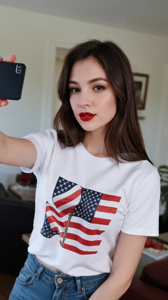 Selfie of a woman, 4th of July T-Shirt, long dark brown hair, black eyes, red lipstick, ultra realistic