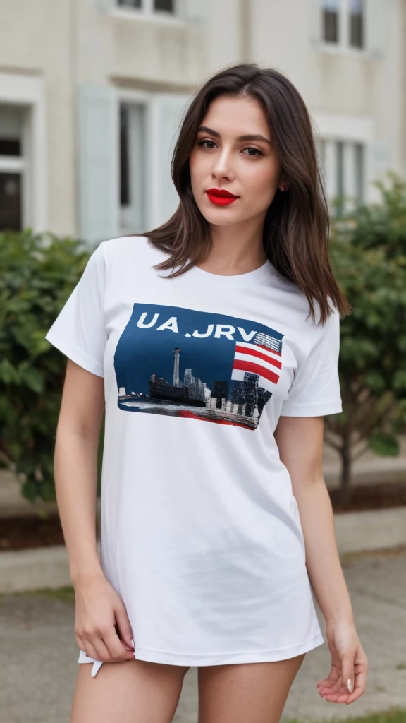 Selfie of a woman, 4th of July T-Shirt, long dark brown hair, black eyes, red lipstick, ultra realistic
