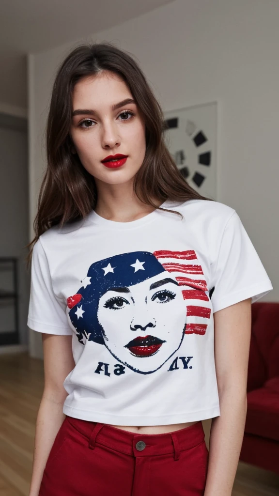 Selfie of a woman, 4th of July T-Shirt, long dark brown hair, black eyes, red lipstick, ultra realistic