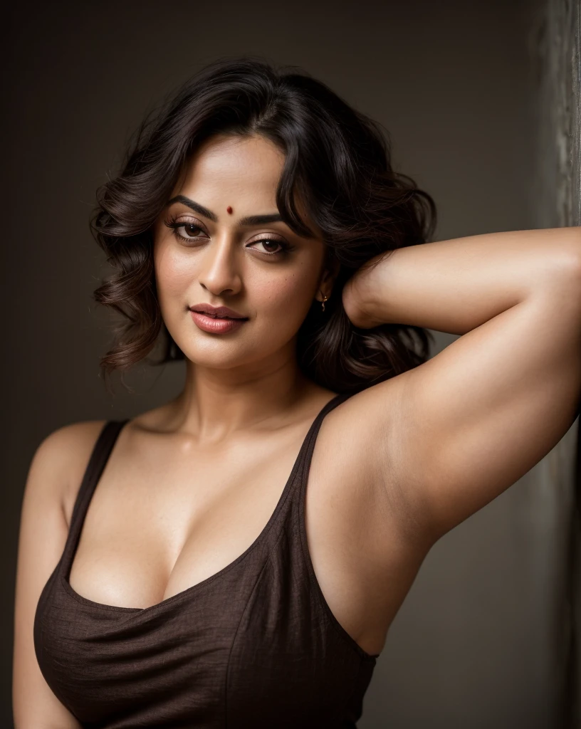 Looks like Sandeepa Dhar, a photo portrait of a beautiful girl 40 years old Woman, curvy hot mommy figure, fleshy figure, with curls, styled black hair, (face portrait:1.5), dramatic light, Rembrandt lighting scheme, bust shot, linen tank top , top quality editorial photograph, skin texture, skin pores, chocolate skin, high quality skin, top quality photography, professional photography, professional retouching, insane detailing, warm moody tones, modern clothes, highly detailed armpits,