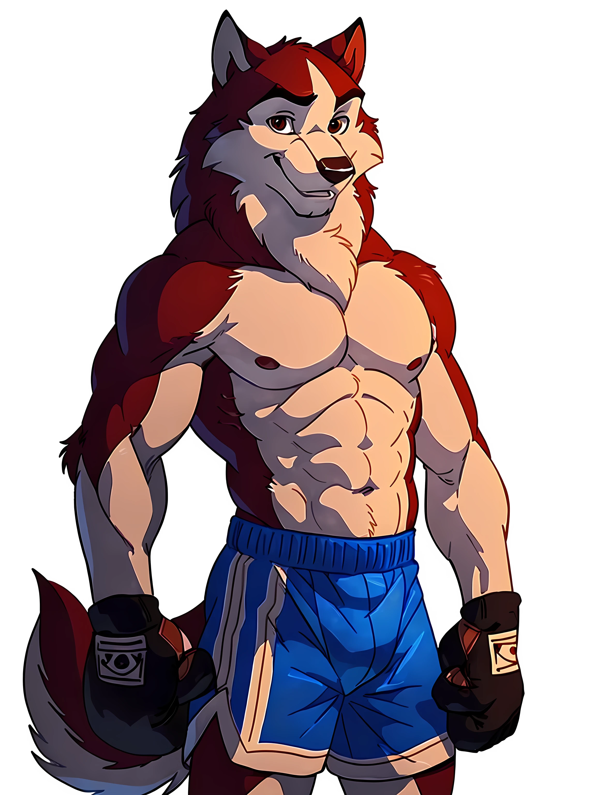 kodi, kodiak (balto), red fur, detailed, detailed face, detailed eyes, anthro body, black lineart, black outline, male, young adult, muscular body, brown eyes, cartoon shading, cel shaded:1.0, confident, proud, smile, front view:1.1, boxing shorts, full body:1.2, wolf tail, (wearing boxing gloves, detailed boxing gloves):1.1, (no background, white background):1.5, bare chest, by wfa, by negger