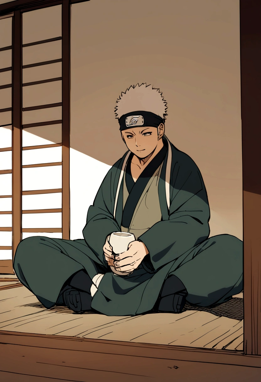 genma from naruto sits on the floor and drinks sake