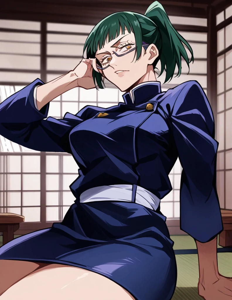 score_9, score_8_up, score_7_up, source_anime,
MakiZenin, Maki Zenin, green ponytail hair, glasses, yellow eyes,
blue tight skirt, blue tight jacket, jujutsu kaisen uniform,
indoors, dojo, seductive pose,
solo, looking at viewer,