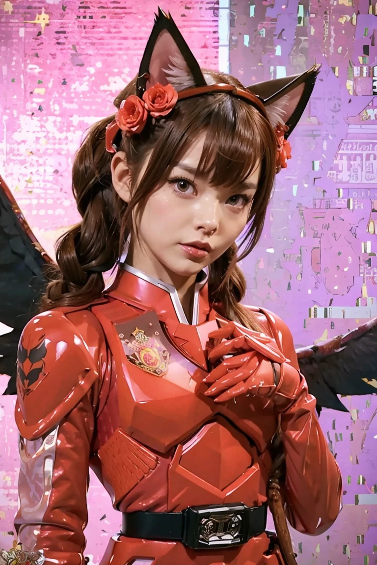 1girl, naked, animal ears, purple eyes, brown hair, wings, solo, long hair, blush, cat ears, flowers, looking at viewer, braids, bows, dresses, pink flowers, bows, hair accessories, bangs, cats, hair flower, animal ear hair, holding, virtual youtuber, blue bow, holding animal, catwoman, stuffed toy,Red Kingohger, Red,Kingohger, red power ranger suit, masked, 