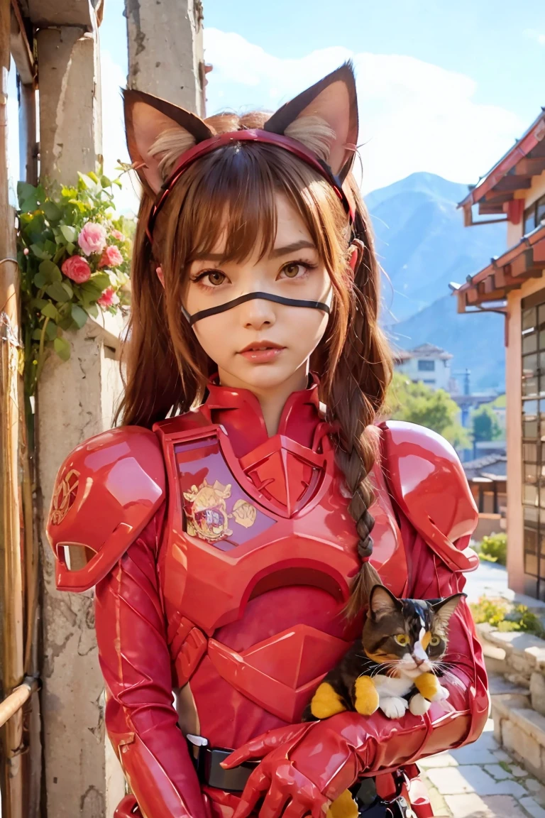 1girl, naked, animal ears, purple eyes, brown hair, wings, solo, long hair, blush, cat ears, flowers, looking at viewer, braids, bows, dresses, pink flowers, bows, hair accessories, bangs, cats, hair flower, animal ear hair, holding, virtual youtuber, blue bow, holding animal, catwoman, stuffed toy,Red Kingohger, Red,Kingohger, red power ranger suit, masked, 