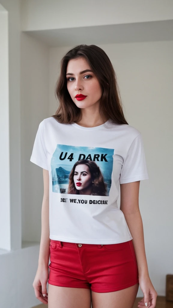 Selfie of a woman, 4th of July T-Shirt, long dark brown hair, black eyes, red lipstick, ultra realistic
