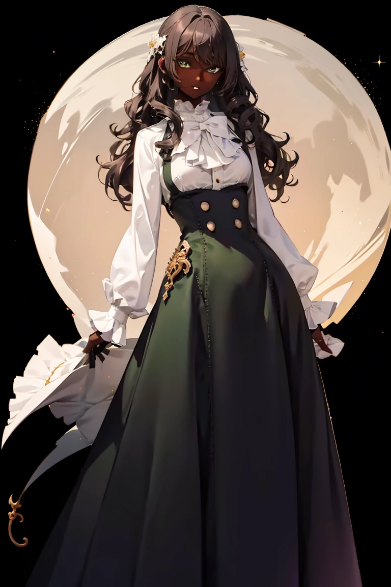 masterpiece, absurdres, 1girl, cowboyshot, tachi-e, mature woman, best aesthetics, medium breasts, wide hips, thick thighs, dark hair, curly hair, textured hair, hip-length hair, narrow eyes, dark skin, ankle-length dress, arched nose, soft shading, very detailed face, clean lines, dynamic pose, anatomically correct, hyperdetailed, beautiful lighting, dark atmosphere, dark eyeshadow, good makeup, detailed hair, green eyes, sparkling eyes, telescope, magic, fantasy, medieval, high fantasy, black stockings, comfy, cozy, tareme, medium chest, SFW, long dress, arms behind back, outdoors, constellations in sky, stargazing, african