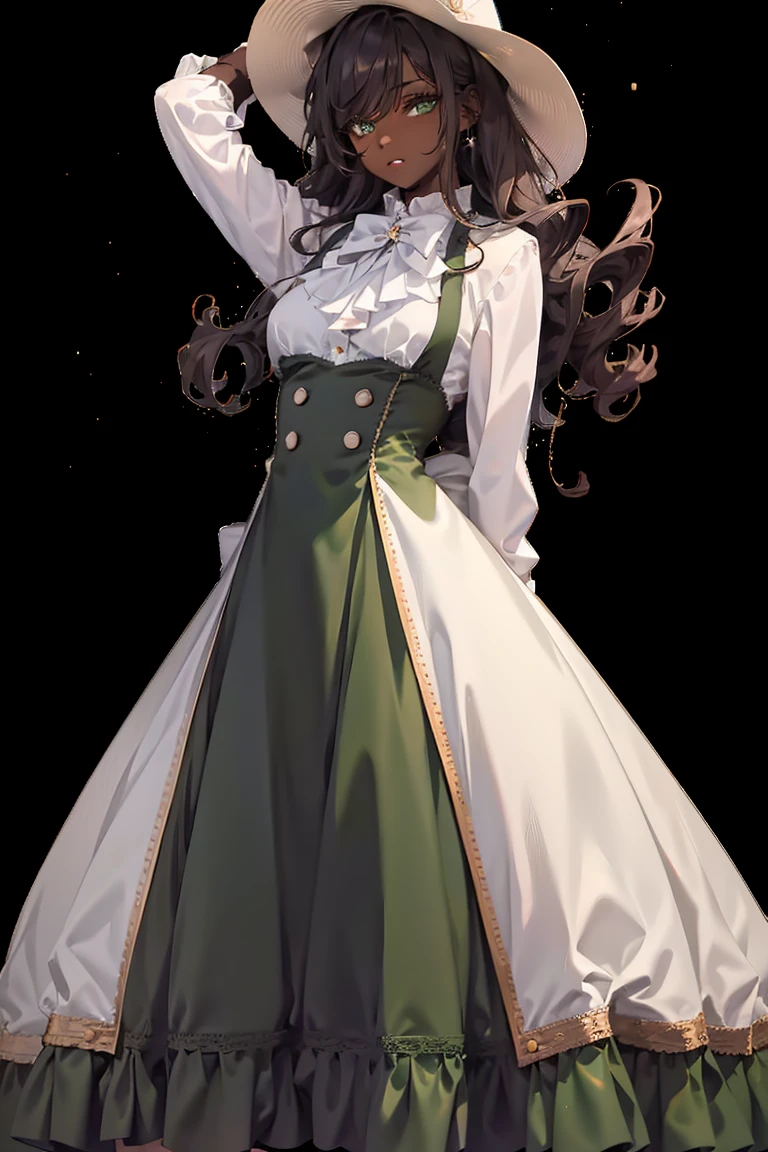 masterpiece, absurdres, 1girl, cowboyshot, tachi-e, mature woman, best aesthetics, medium breasts, wide hips, thick thighs, dark hair, curly hair, textured hair, hip-length hair, narrow eyes, dark skin, ankle-length dress, arched nose, soft shading, very detailed face, clean lines, dynamic pose, anatomically correct, hyperdetailed, beautiful lighting, dark atmosphere, dark eyeshadow, good makeup, detailed hair, green eyes, sparkling eyes, telescope, magic, fantasy, medieval, high fantasy, black stockings, comfy, cozy, tareme, medium chest, SFW, long dress, arms behind back, outdoors, constellations in sky, stargazing, african