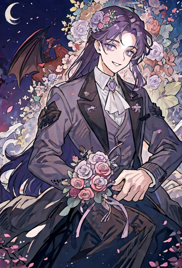 ((Best Quality)), ((Masterpiece)), (detailed),
a demon man, long dark purple hair with a light purple fade, light brown skin, grey eyes, holding a bouquet of flowers, with gothic formal clothes, surrounded by hearts, smiling proudly