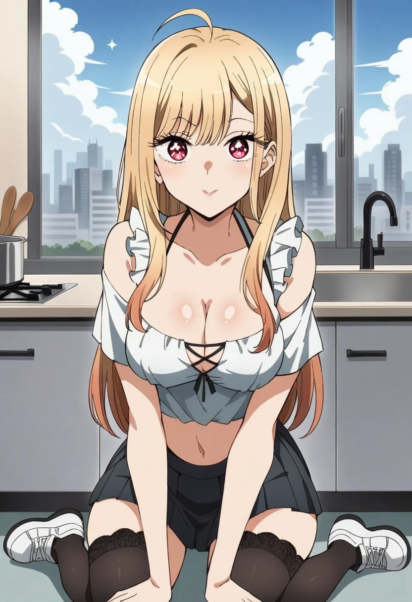 (anime art style:0.1), 2d, masterpiece, best quality, (very aesthetic:1.5), absurdres, dynamic shadows, atmosferic, (kitagawa marin), (1girl), ((blonde hair)), long hair, (red eyes), sparkle eyes, detailed eyes, eyelashes, ahoge, hair between eyes, bangs, medium breasts, cleavage, navel, (curvy body), big thighs, sexy, off shoulder, bare shoulders, bare arms, short sleeves, frilled bluse, white bluse, pleated skirt, black miniskirt, black thighhighs, lace-trimmed thighhighs, white sneakers, ((cowboy shot)), looking at viewer, ((v)), wariza, ((hands on ground)), (from front), kitchen, city, window, clouds