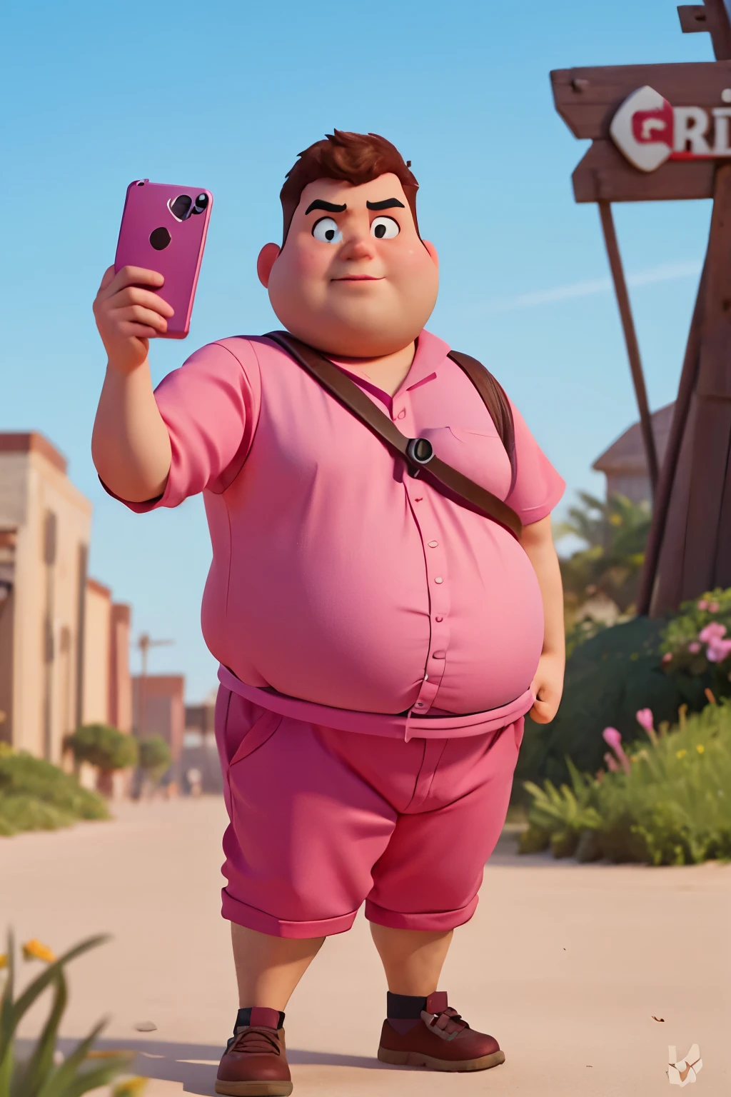 create a fat man, Furiosa, pink tern, with a cell phone in his hand taking a selfie, disney pixar style
