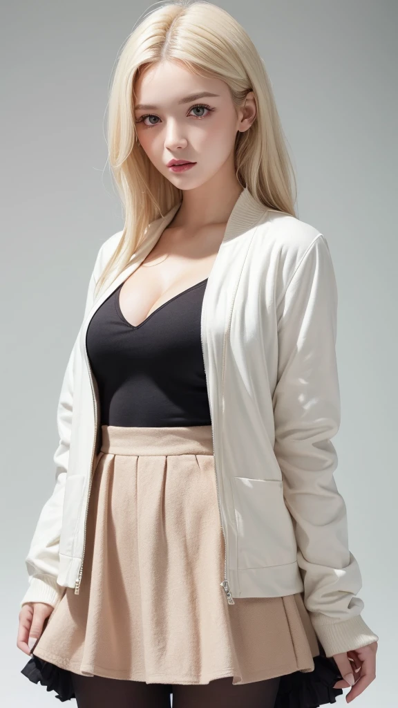 (((forehead、White Blonde Hair、Northern Europe、White people、beautiful girl、Blonde、White background、open jacket、lender )))、table top, highest quality, figure, super detailed, finely, High resolution, 8k wallpaper, Perfect dynamic composition, detailed and beautiful eyes, Deco out,bionde, medium hair, big breasts, Natural color lip,white background, random cute poses,frill dress