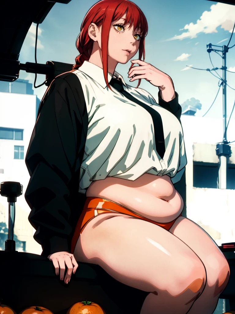 Le personnage Makima de la série animée Chainsaw Man, fragile, obésité morbide, ssbbw, pleine longueur (corps entier 1.1.), fond sombre, obscurité, anatomie correcte 1.1, anatomie correcte de la main, Très féminin, corps gras et rond, grosses Jambes, fesses, beau corps obèse, ventre rond et mou très gras, cheveux roux, Yeux oranges, Cercles rouges pour les écoliers, chemise blanche, jupe noire, cravate noire, pose sexy, réaliste, very détaillé, beau corps, détaillé body, détaillé hands, détaillé, vibrant, détaillé Face, Conception des personnages de Makima. very détaillé, détaillé body, détaillé hands, détaillé Face, Art animé, Hugh Détails, Visage très abattu, détaillé eyes, Illustration ultra fine, Meilleure ombre, détail fin, beautiful détaillé glow, beautiful détaillé, Extraordinairement beau, extremely détaillé, inexpressif, composition épique, Style animé. art animé, Style animé. Jupe noire, chemise blanche, cravatte, pose sexy, jupe noire 