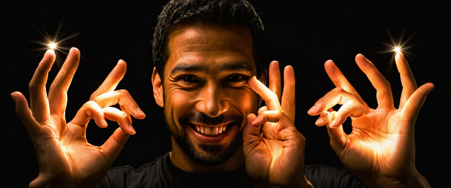 Man having fun using his cell phone, detailed hands, with 5 fingers each, black backdrop, the light from the cell phone reflects on the man's face.