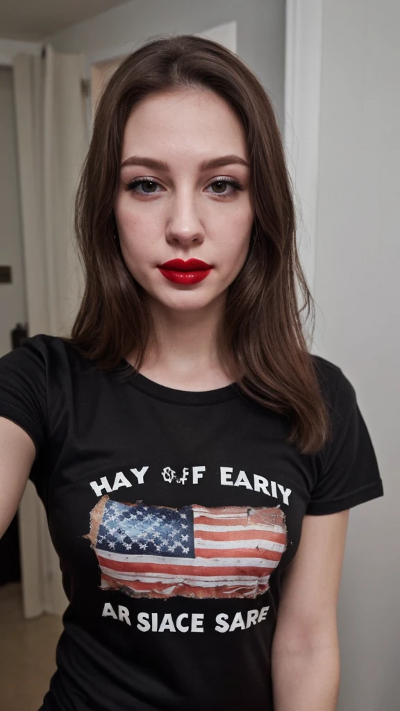 Selfie of a woman, 4th of July T-Shirt, long dark brown hair, black eyes, red lipstick, ultra realistic