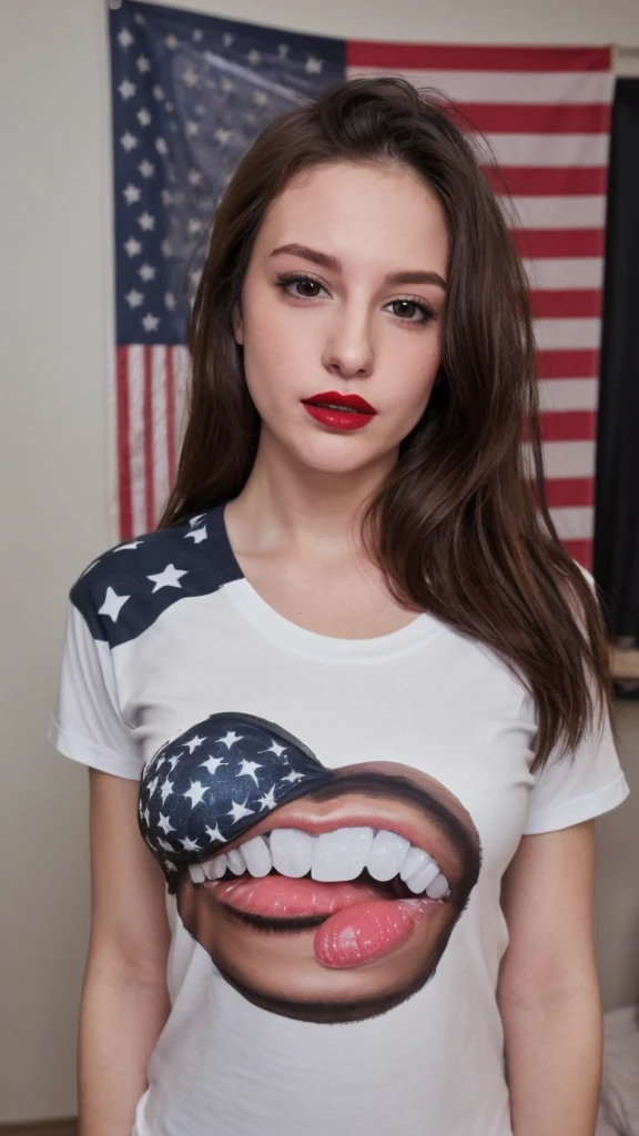 lucy pinder, face portrait, red lipstick, smiling, black hair, straight hair, long sleeve t-shirt, blue t-shirt, chubby woman.