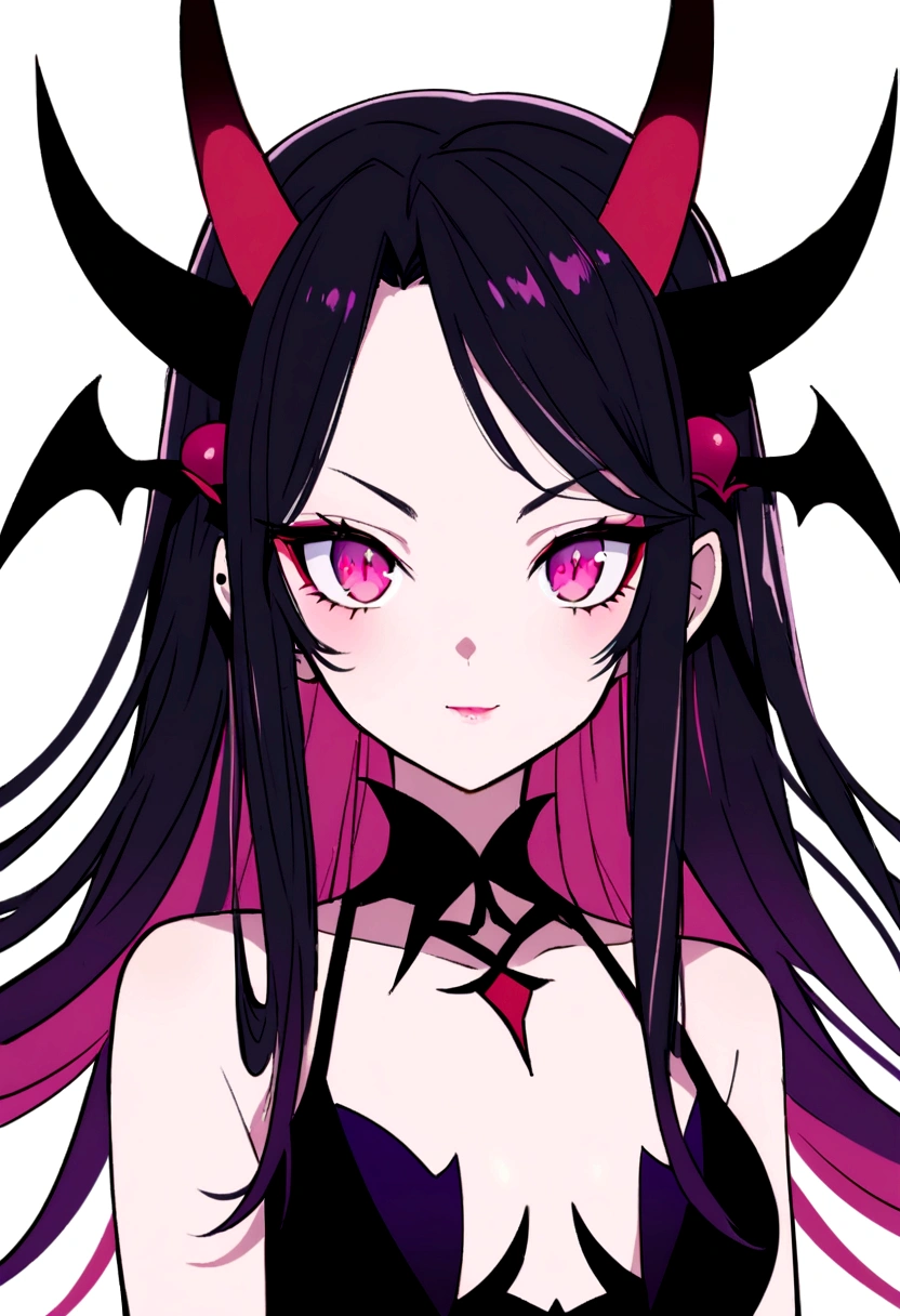 expressive eyes, make the anime character into a cute femboy demon with red skin and horns and black curly black with a short body to and slim gothic clothes