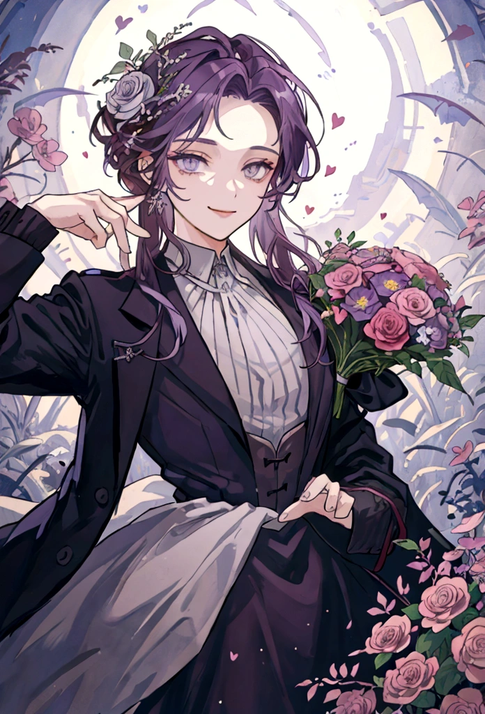 ((Best Quality)), ((Masterpiece)), (detailed), 
a demon man, long dark purple hair with a light purple fade, light brown skin, grey eyes, holding a bouquet of flowers, with gothic formal clothes, surrounded by hearts, smiling proudly