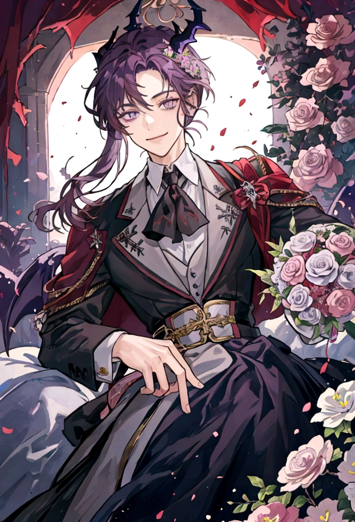 ((Best Quality)), ((Masterpiece)), (detailed),
a demon man, long dark purple hair with a light purple fade, light brown skin, grey eyes, holding a bouquet of flowers, with gothic formal clothes, surrounded by hearts, smiling proudly