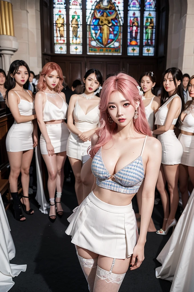 best quality, Clarity, 4k, 8k, detail, actual K-pop stars, ((group photo:1.5)), 3 ultra seductive K-pop superstar brides 22 year old ultra sexual angelic and incredibly gorgeous supermodel bride Girls standing together, (Korean makeup:1.3), Red lips, high quality hands, pink and blue hair, Perfect body, sexy thigh highs, seductive pose standing, FF cupped large breasts, glistening skin, Graffiti crop top, Deep cleavage, cute Checkered striped bridal mini skirt, standing in a beautiful gothic church