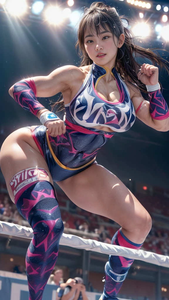 Female professional wrestler、Fighting Pose、smile、((On the Ring))、((Spotlight))、(((large stadium)))、((Super big breasts))、(Saggy breasts)、((Ultra tight uniform))、Wristband、(((A flashy costume with a bizarre pattern)))、((Elbow Support))、((Knee support))、Taping on fingers、I can see your abs、Bikini Style、Hairstyle with bangs、((Sweat))、((Match venue))、A large audience、Very beautiful woman、((Female Athletes))、(Detailed face)、Realistic skin、((Delicate photo))，(Girl Masterpiece RAW Photo Details:1.25), (Highest quality:1.6), (Ultra-high resolution:1.5), (Realistic:1.75), 8K resolution, Canon EOS R5, 50mm, Absurd, Ultra-detailed,Cinema Lighting、