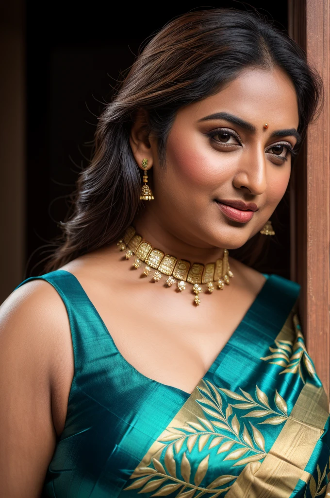 Foto RAW, photorealistic, photography, full body shot, master shot, perfect eyes, goddess like beauty, pierced eyes, perfect thick chubby mallu Desi aunty bhabhi, Wearing a Stanapatta, a chest-band.Saree model, model Photography, Indian saree shoot, Indian traditional wear advertising photography, traditional wear brand shoot, face of Indian actress Sonakshi Sinha, masterpiece, realistic, realism, incredible details,  pleasure, photorealism, detailed skin, skin pores, high contrast, photorealistic Artstation 8k HD digital art trend of high definition and detailed realistic skin texture, ultra detail, realistic skin texture, armature, best quality, ultra high definition, (photorealistic:1.4),, high resolution, detail, raw photo, sweat, Re sharp, by Lee Jefferies Nikon D850 Film Stock Photo 4 Kodak Portra 400 Camera F1.6 Lens Rich Color Ultra Real Realistic Realistic Textures Dramatic Lighting Unreal Engine Trending at Art Station Cinestill 800,(pele altamente detalhada: 1.2), 8k UHD, DSLR, soft-lighting, alta qualidade, grain of film, Fujifilm XT3,she didn't like to wear blouse or bra, she is happy to wear only saree, she hates blouse or bra, detailed hairy armpits, hyper realistic skin, skin pores, sweat, veins, 