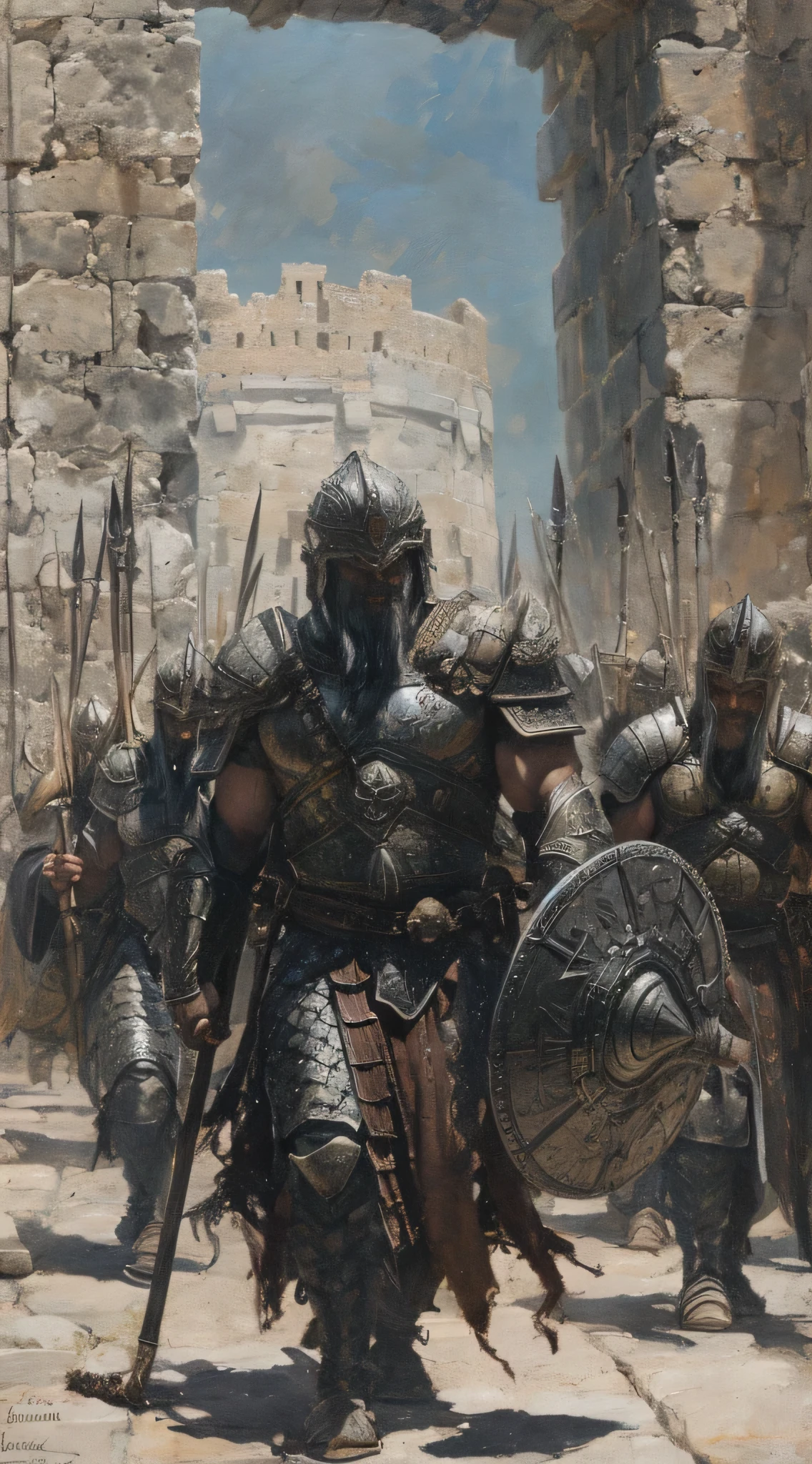 An oil painting depicting the dwarves mentioned in the Book of Ezekiel from the Bible, standing guard over the ancient walls of the city of Tyre. The scene shows the dwarves with sturdy, muscular builds, wearing traditional, intricately designed armor and helmets. They hold spears and shields, with determined expressions on their faces as they vigilantly watch over the city. The ancient walls of Tyre are depicted in the background, with a hint of the sea visible beyond. The overall atmosphere is one of ancient strength and timeless duty, rendered in rich, detailed brushstrokes typical of classical oil paintings.