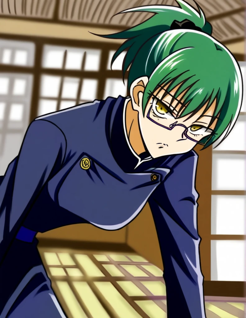 score_9, score_8_up, score_7_up, source_anime,
MakiZenin, Maki Zenin, green ponytail hair, glasses, yellow eyes,
blue tight skirt, blue tight jacket, jujutsu kaisen uniform,
indoors, dojo, seductive pose,
solo, looking at viewer,