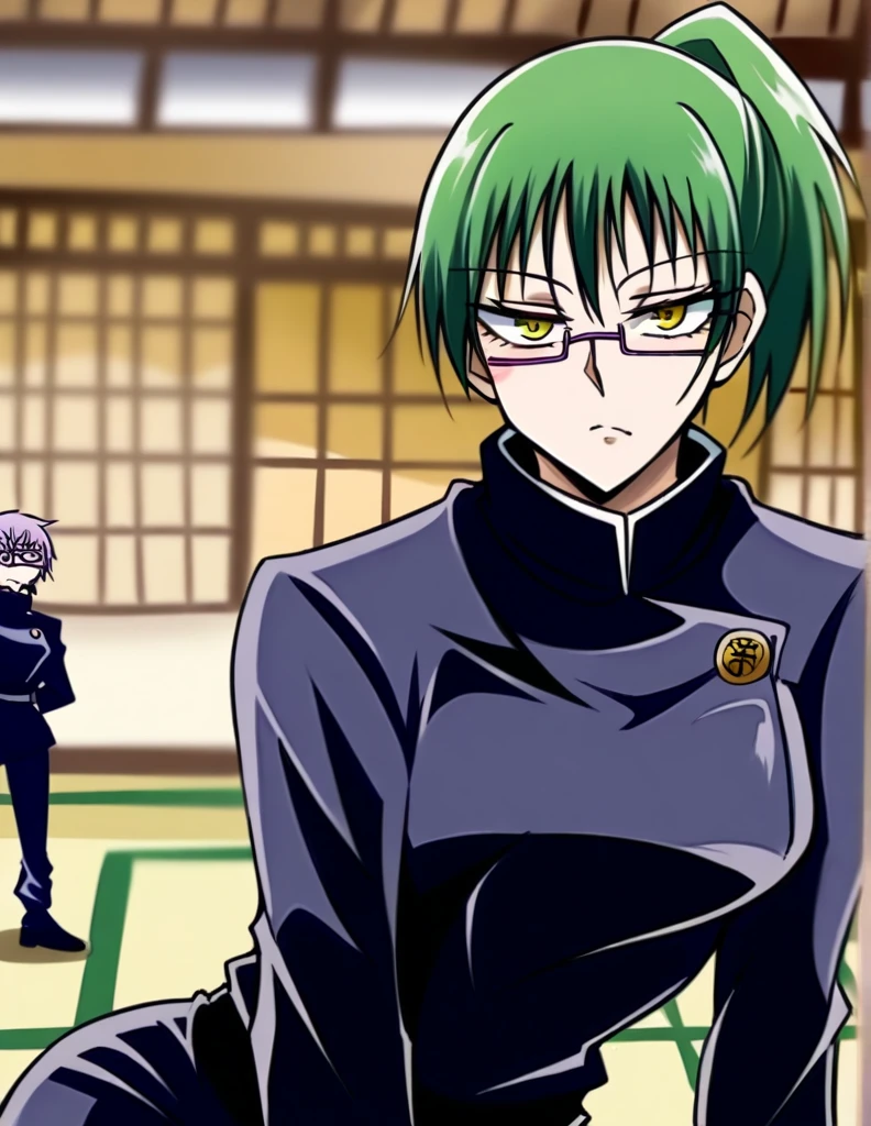 score_9, score_8_up, score_7_up, source_anime,
MakiZenin, Maki Zenin, green ponytail hair, glasses, yellow eyes,
blue tight skirt, blue tight jacket, jujutsu kaisen uniform,
indoors, dojo, seductive pose,
solo, looking at viewer,